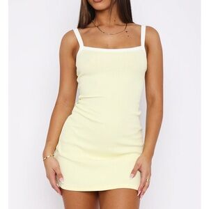 White Fox Boutique Pale Yellow Ribbed Square Neck Mini Dress with White Trim